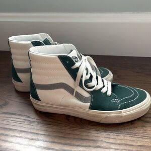 High-top Vans (Green, White, and Gray) size women’s 8 or men’s 6.5